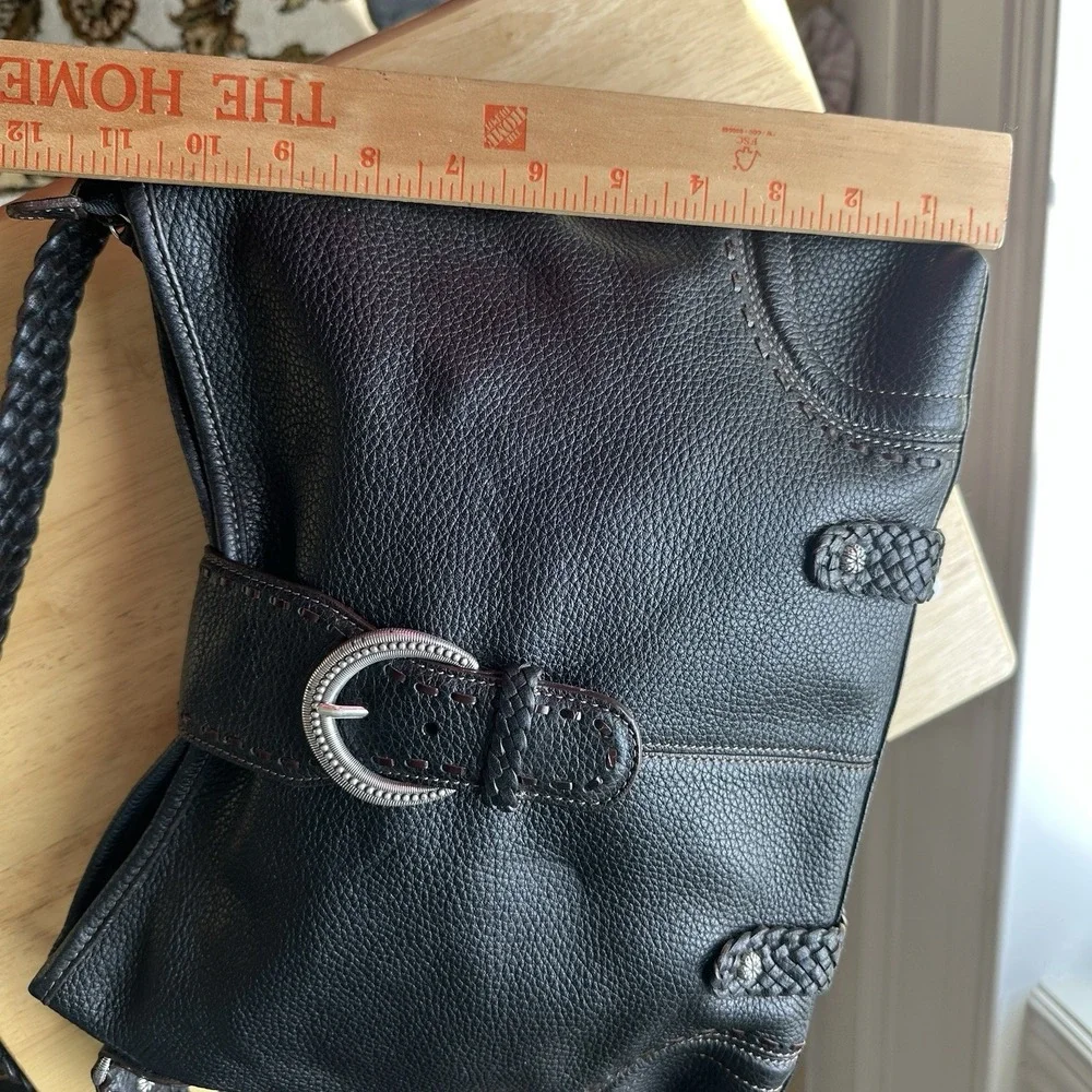 VTG Brighton Leather Handbag‎ Purse 11x14 Inch Black Woven Handle Buckle Accent